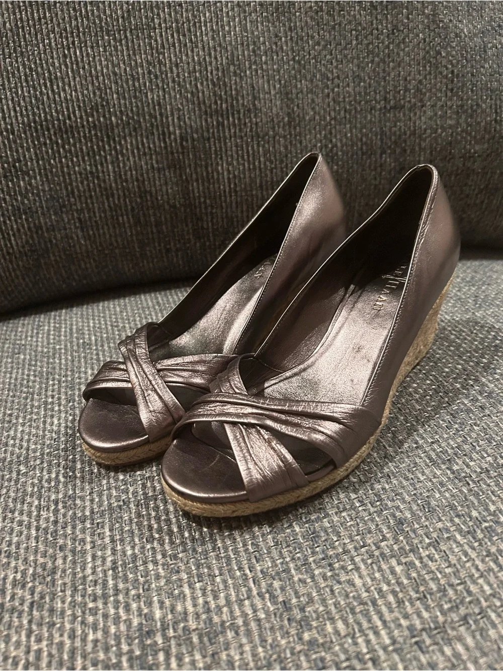 Cole Haan Metallic Brown Peep-Toe Espadrille Wedges size 7.5 Great Condition